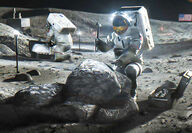 Moon mineral exploration astronauts rock hammers lunar rover