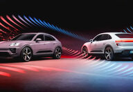 Two angles of the Porsche Macan EV.