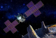 Artist rendering of a spacecraft exploring the metal-rich 16 Psyche asteroid.