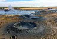 Mud pots above geothermal lithium sources near Salton Sea in CA.