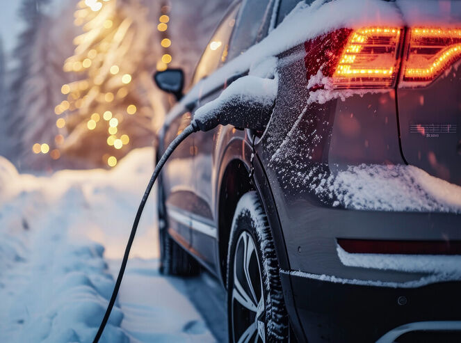 Close-up of an electric vehicle charging on a snowy winter day.