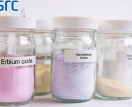 Bottles of erbium, neodymium, and cerium REE oxides produced in Saskatchewan.
