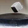 A magnet levitates above a liquid nitrogen-cooled superconductor.