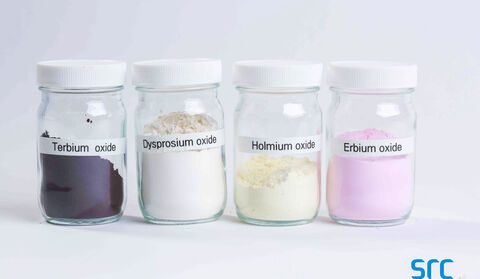 Jars of colorful terbium, dysprosium, holmium, and erbium rare earth oxides.