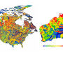 Maps showing geophysical anomalies across Australia, Canada, and the U.S.