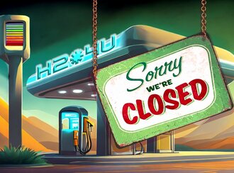 Illustration of defunct H2 fueling station with “Sorry we’re closed” sign.